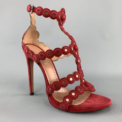 ALAIA Size 8.5 Dark Red Suede Laser Cut T Strap Sandals