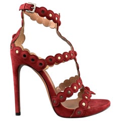 ALAIA Size 8.5 Dark Red Suede Laser Cut T Strap Sandals