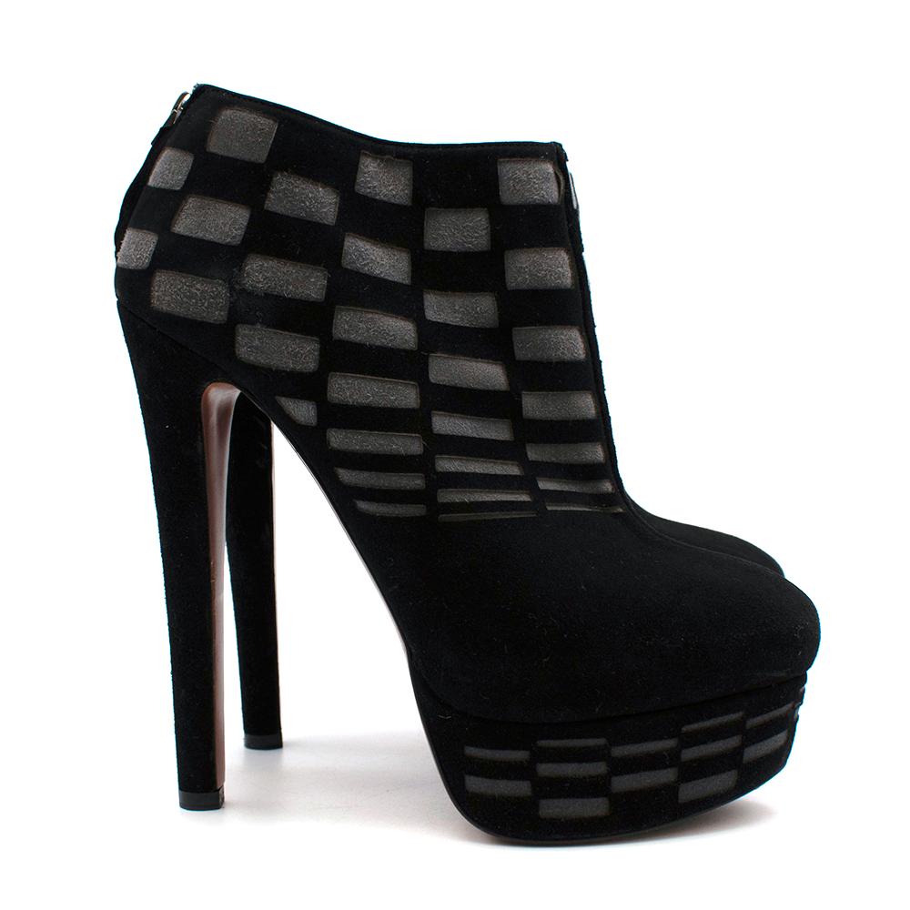 Alaia Black Platform Suede Boots

- Tall platform wedge heel & chunky stiletto
- Wide & low cut on ankles
- Almond toe shape
- Laser cut contrast colour design of grey and black squares on the upper boot and on the platform sole
- Tanned leather
