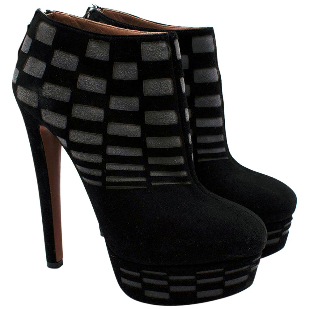 Alaia Suede Black & Grey Check Platform Boots - Size EU 37.5 For Sale