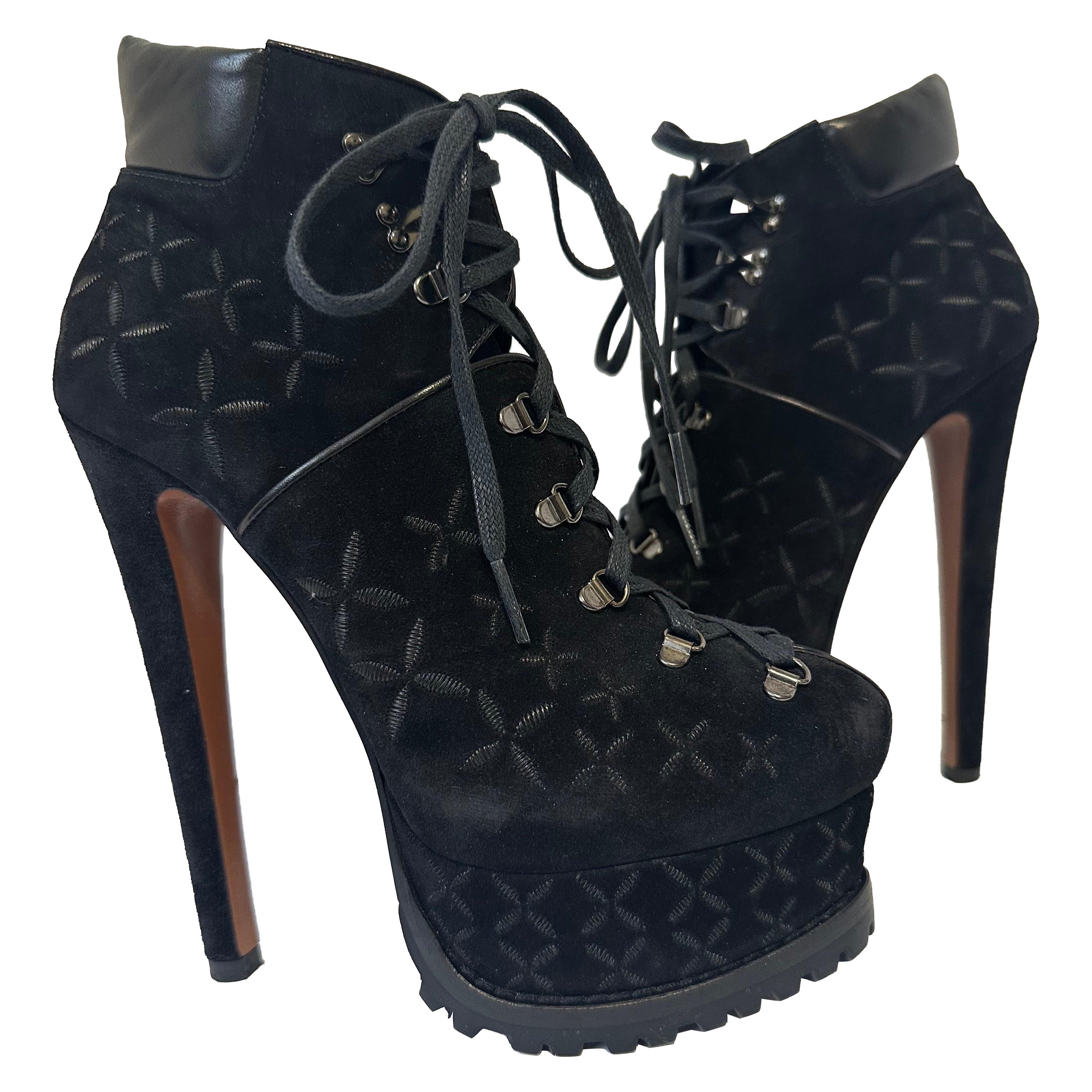 Pre-owned Alaïa Suede Embroidery 2x Platform Hiker Boots Black Eu 38.5 Celeb Style