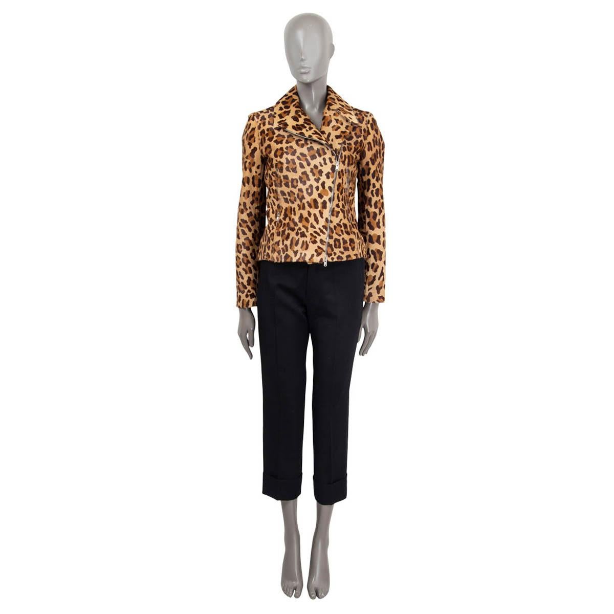 100% authentic Alaia leopard print biker jacket in camel and brown leather (100%). Features two zip pockets on the front and zipped cuffs. Opens with a diagonal zipper on the front. Lined in black acetate (100%). Has been worn and is in excellent