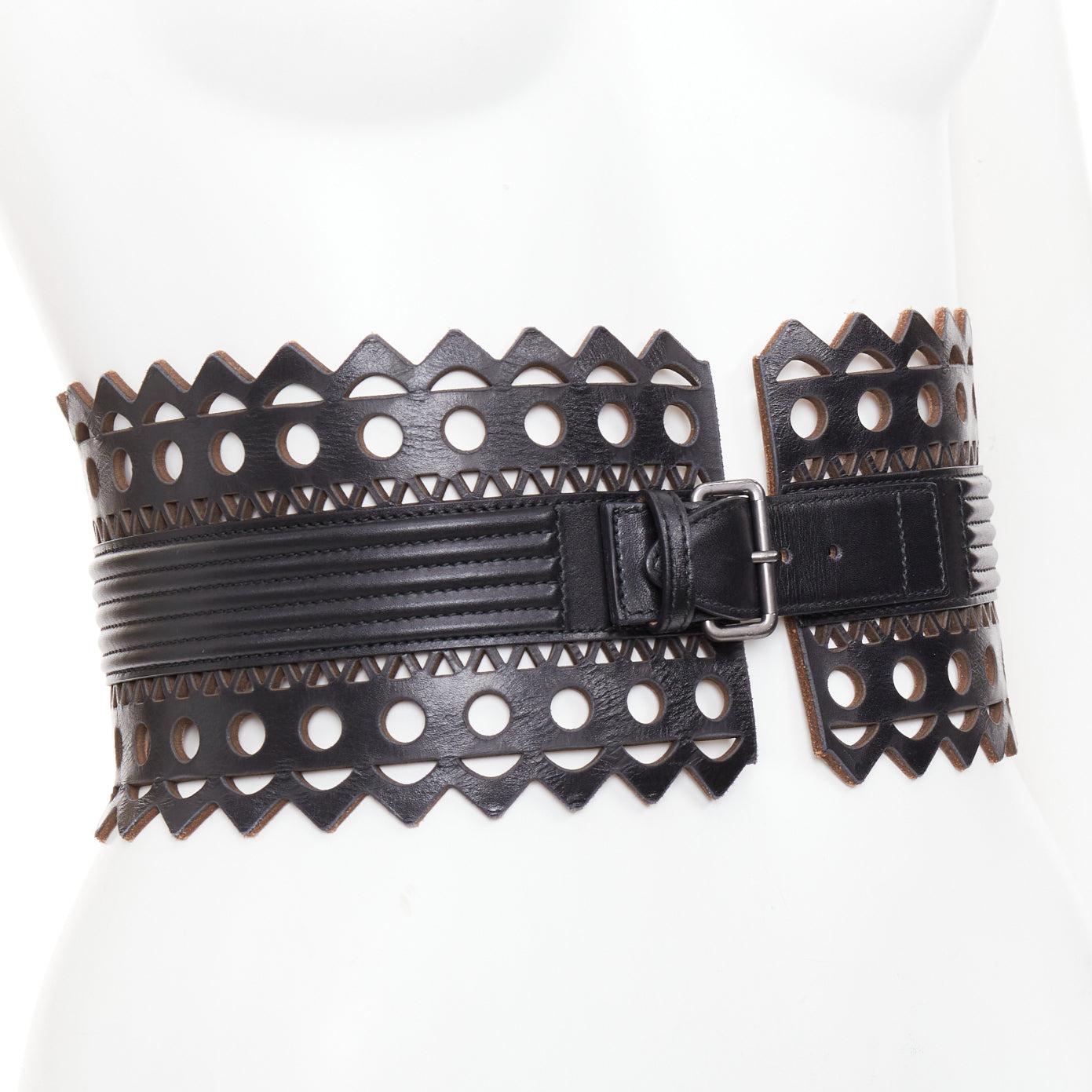 Noir ALAIA Vienne cuir noir coupe laser corset ceinture large 65cm en vente