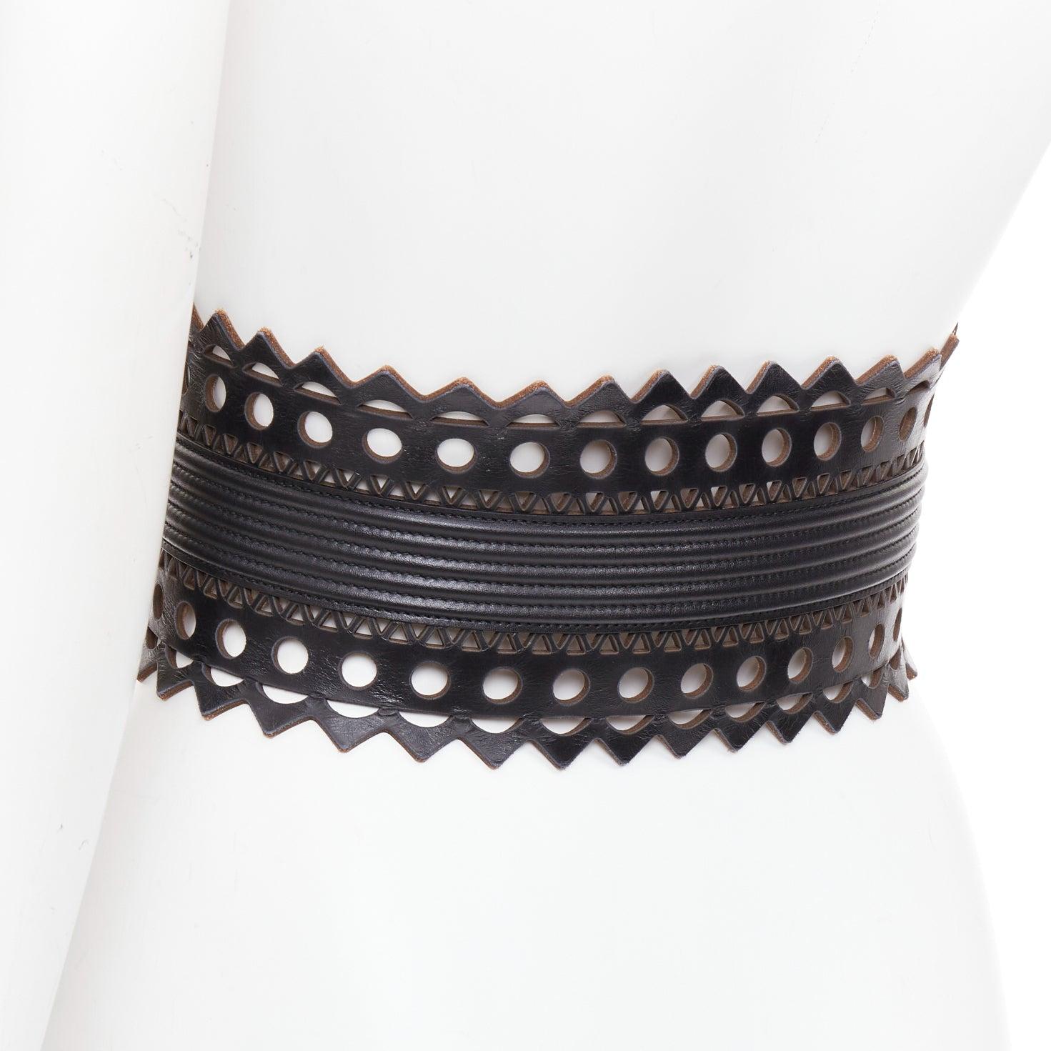 ALAIA Vienne cuir noir coupe laser corset ceinture large 65cm en vente 1