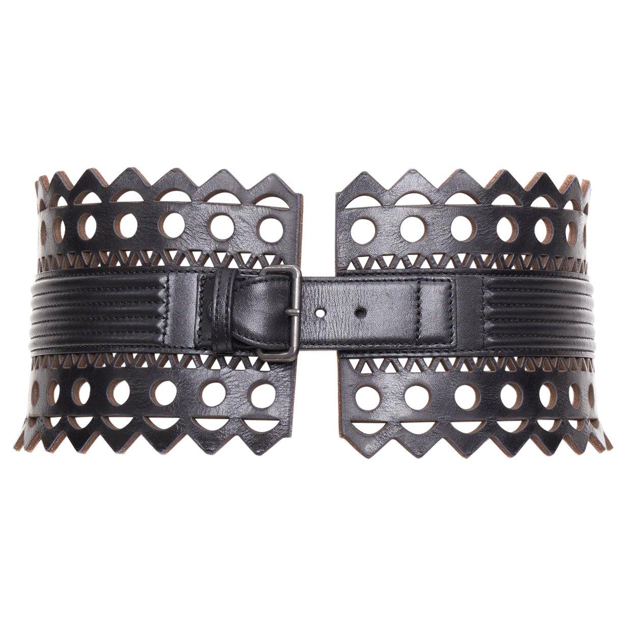 ALAIA Vienne black leather laser cut cinched corset wide belt 65cm
