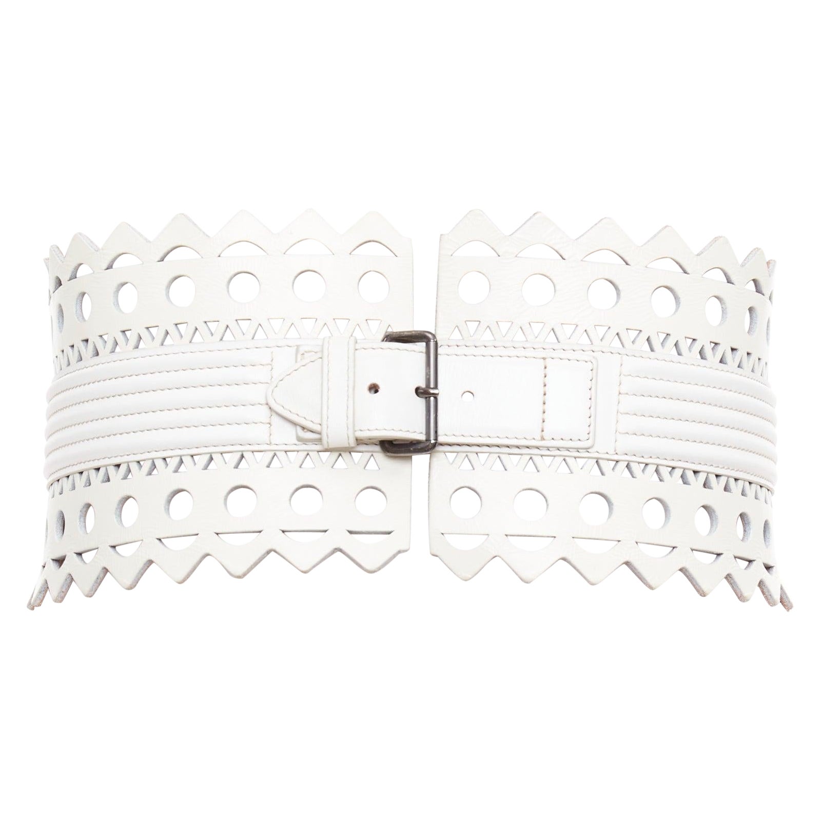 ALAIA Vienne white leather laser cut cinched corset wide belt 65cm