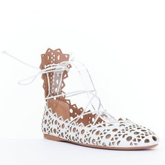ALAIA Vienne white leather laser cut perforated lace up ballerina flats EU37