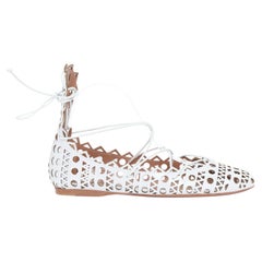 ALAIA Vienne white leather laser cut perforated lace up ballerina flats EU37