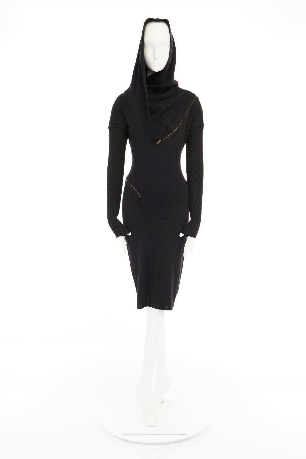 Black ALAIA Vintage 1987 black hooded spiral zip around fitted wool dress M