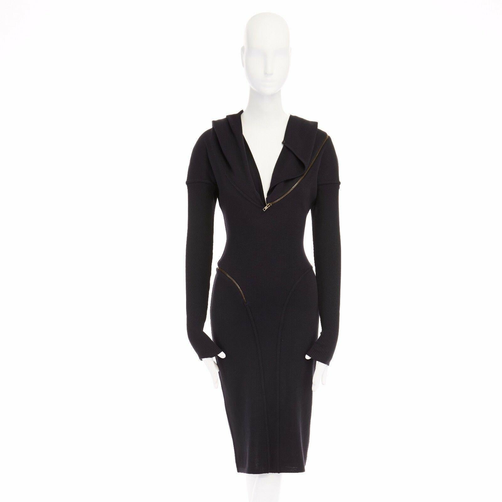 ALAIA Vintage 1987 black hooded spiral zip around fitted wool dress M In Excellent Condition In Hong Kong, NT