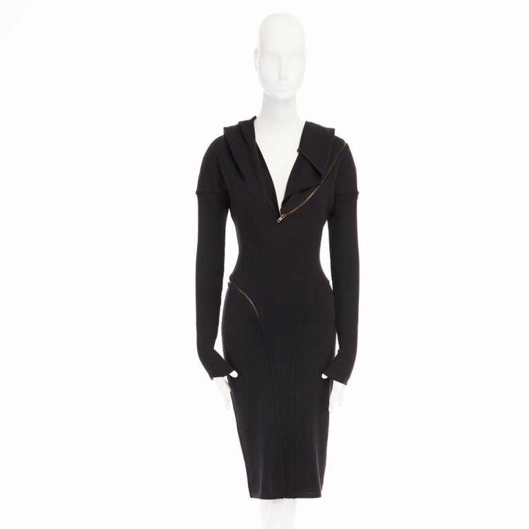 ALAIA Vintage 1987 black hooded spiral zip around fitted wool dress M ...