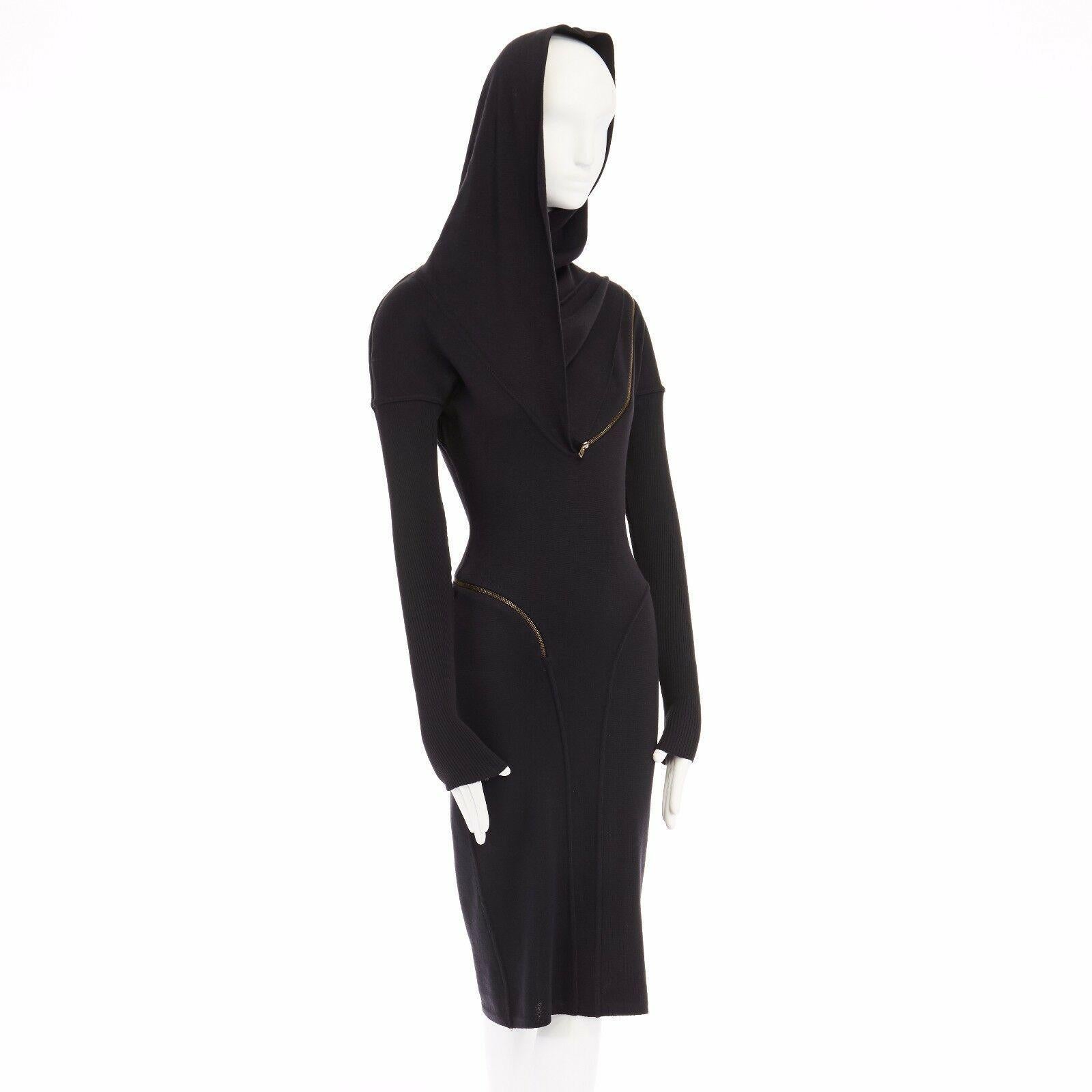 Women's ALAIA Vintage 1987 black hooded spiral zip around fitted wool dress M