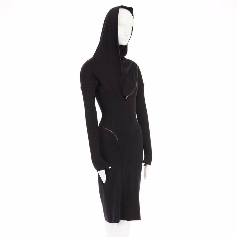 ALAIA Vintage 1987 black hooded spiral zip around fitted wool dress M ...