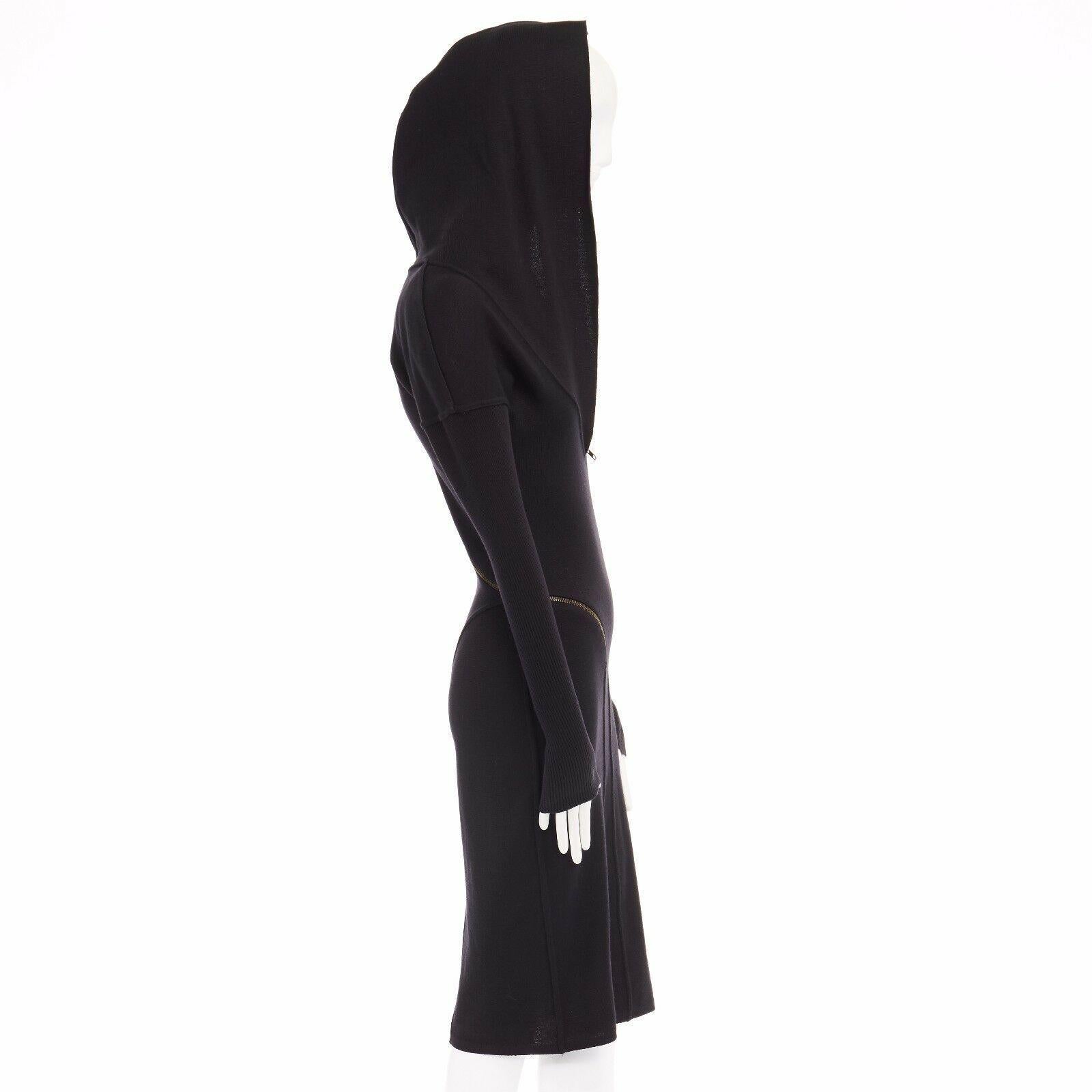 ALAIA Vintage 1987 black hooded spiral zip around fitted wool dress M 1