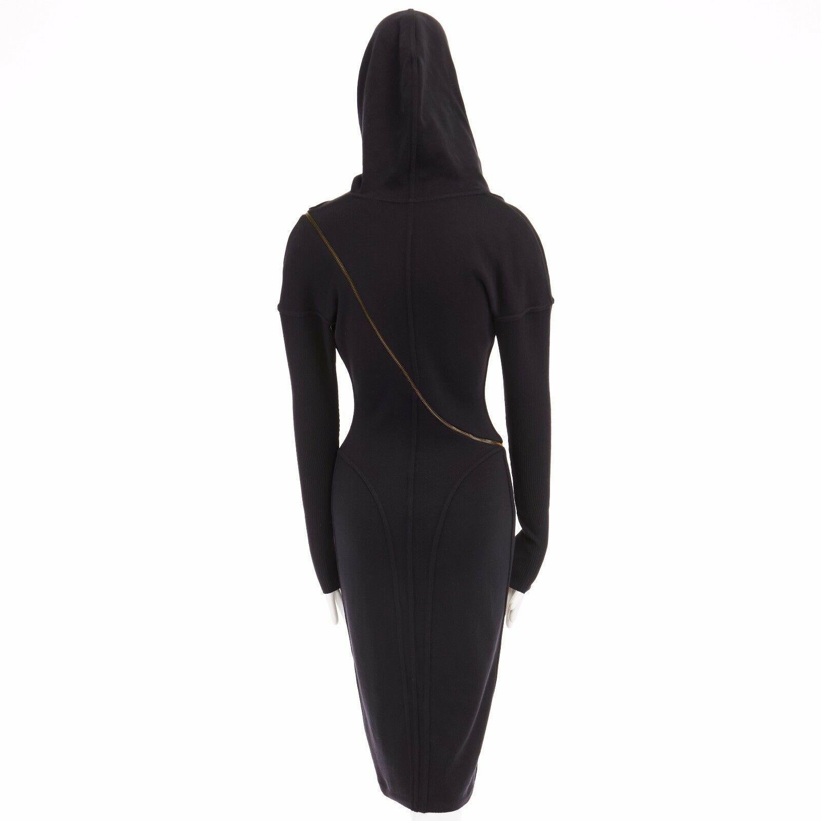 ALAIA Vintage 1987 black hooded spiral zip around fitted wool dress M 2