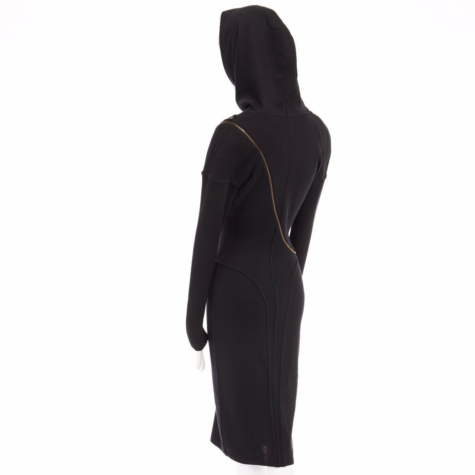 ALAIA Vintage 1987 black hooded spiral zip around fitted wool dress M 4