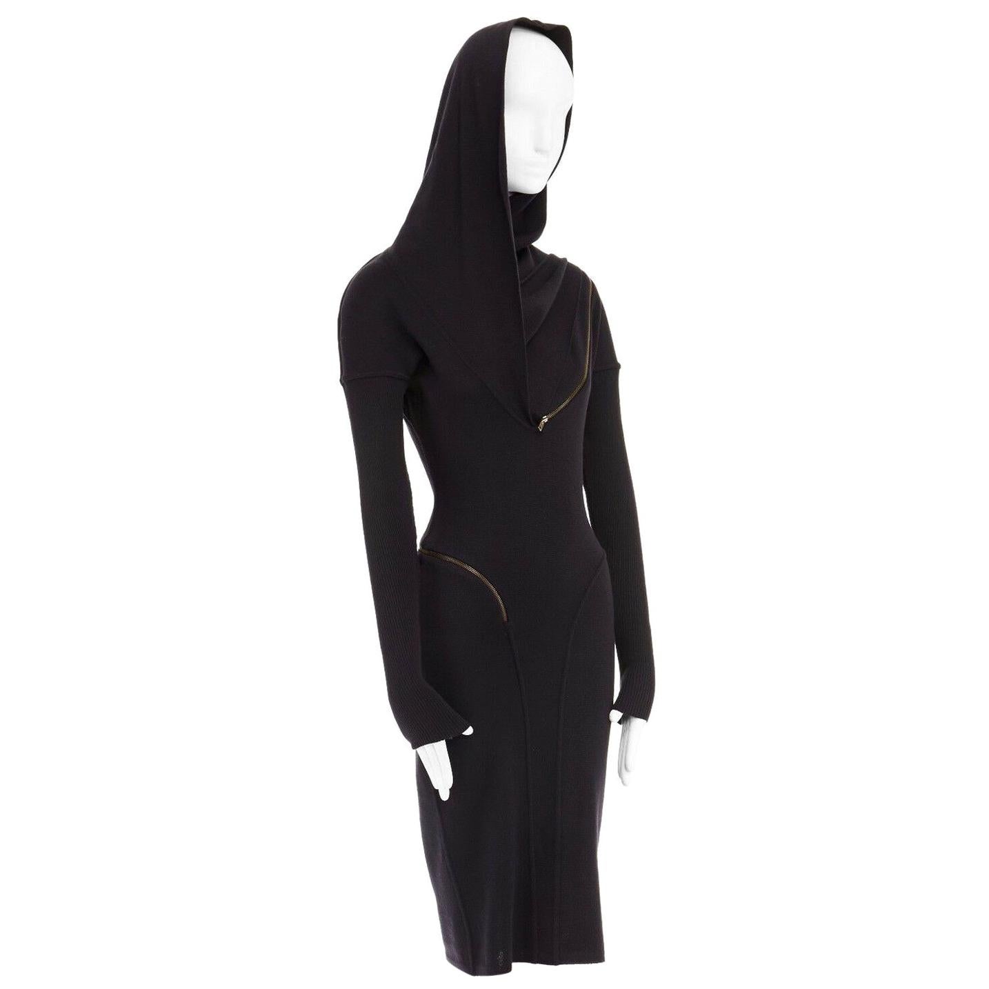 ALAIA Vintage 1987 black hooded spiral zip around fitted wool dress M