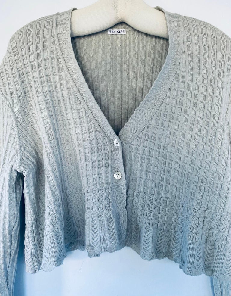 Alaia Vintage 1990s Wool Crop Blue Grey Cardigan Sweater For Sale at