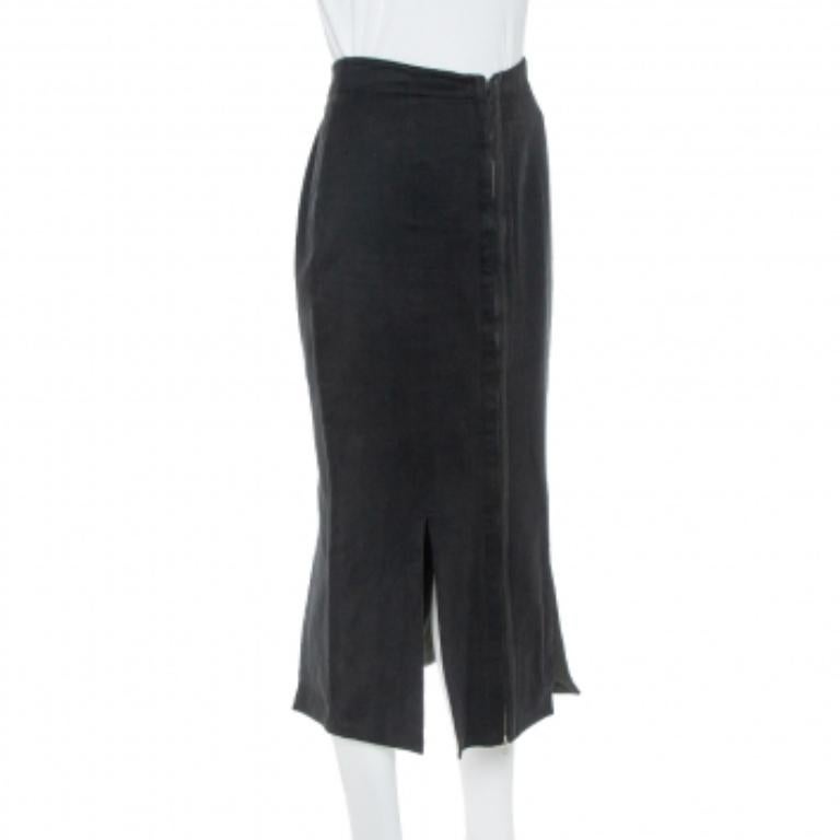 Alaia Vintage Black Cotton & Wool Slit Detail Midi Skirt M In Good Condition For Sale In Dubai, Al Qouz 2
