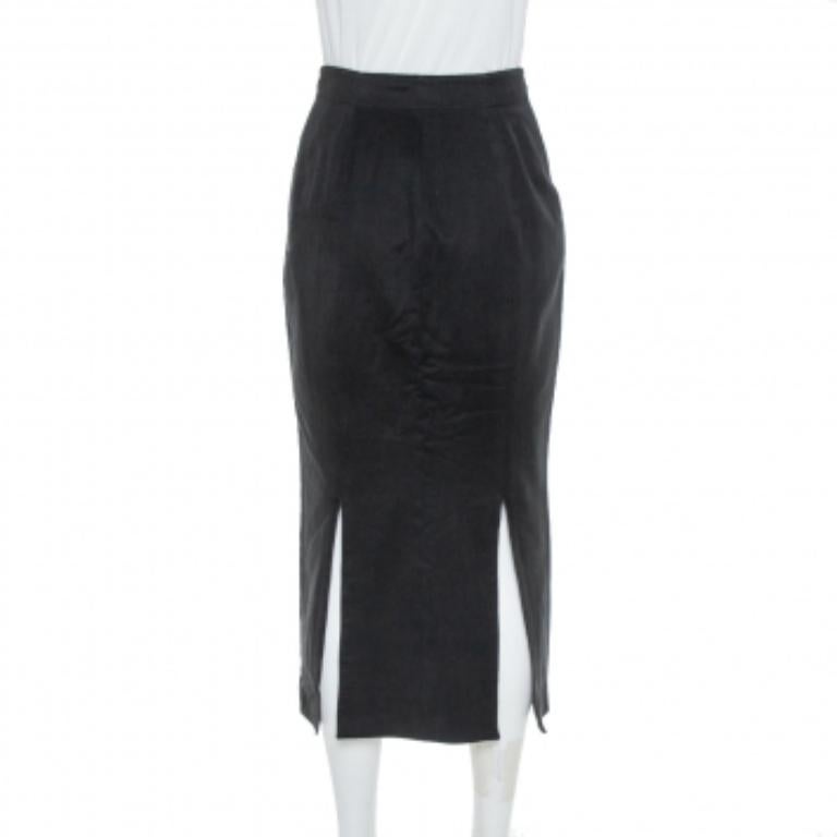 Women's Alaia Vintage Black Cotton & Wool Slit Detail Midi Skirt M For Sale