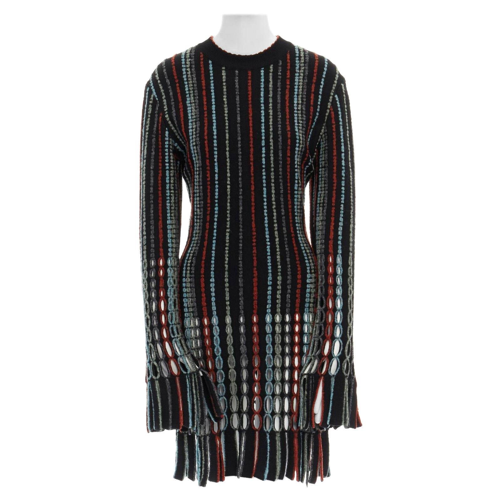 ALAIA Vintage black multi open knit fringe hem wool dress S UK4 UK8 ...