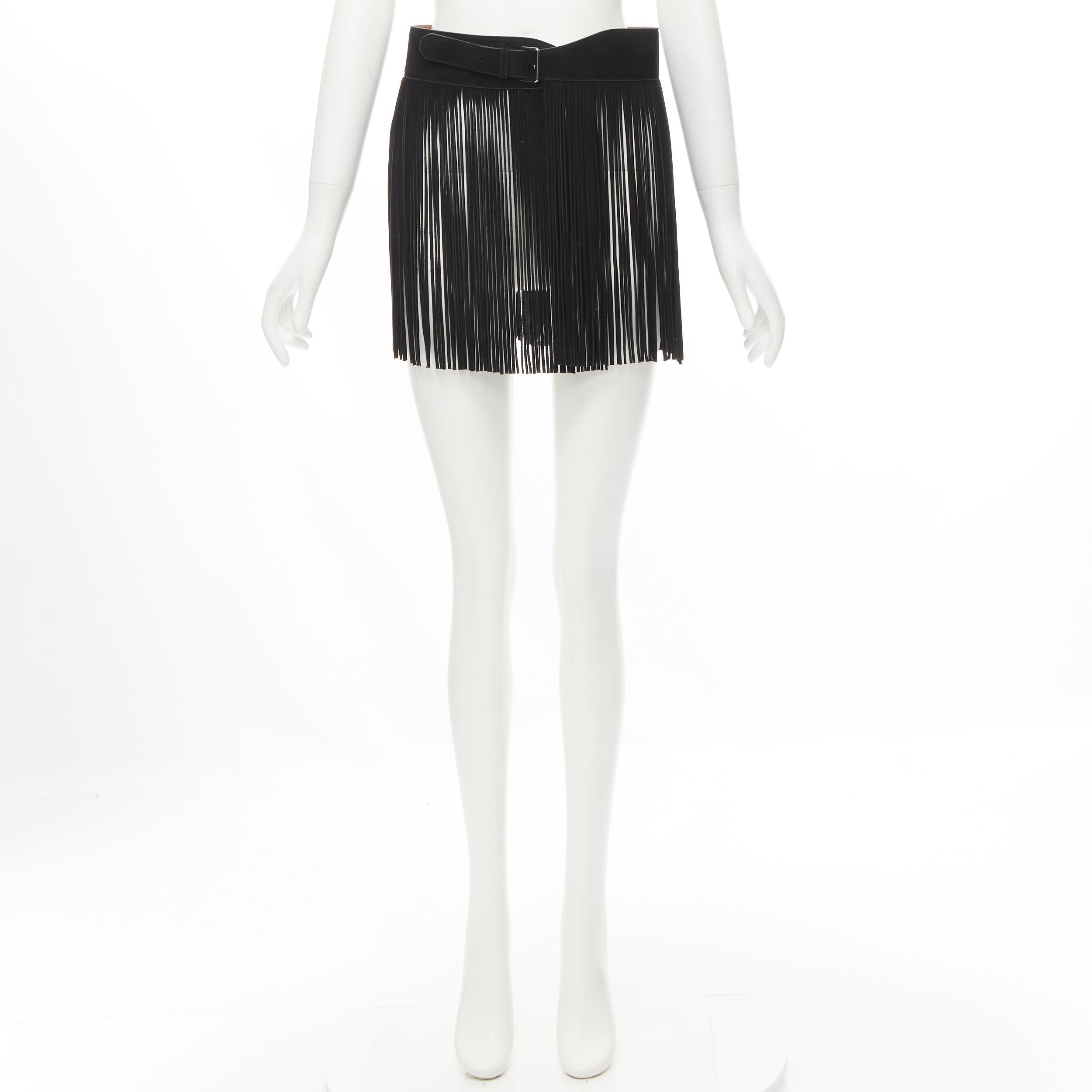 ALAIA Vintage black suede leather fringe skirt statement belt  80cm 1