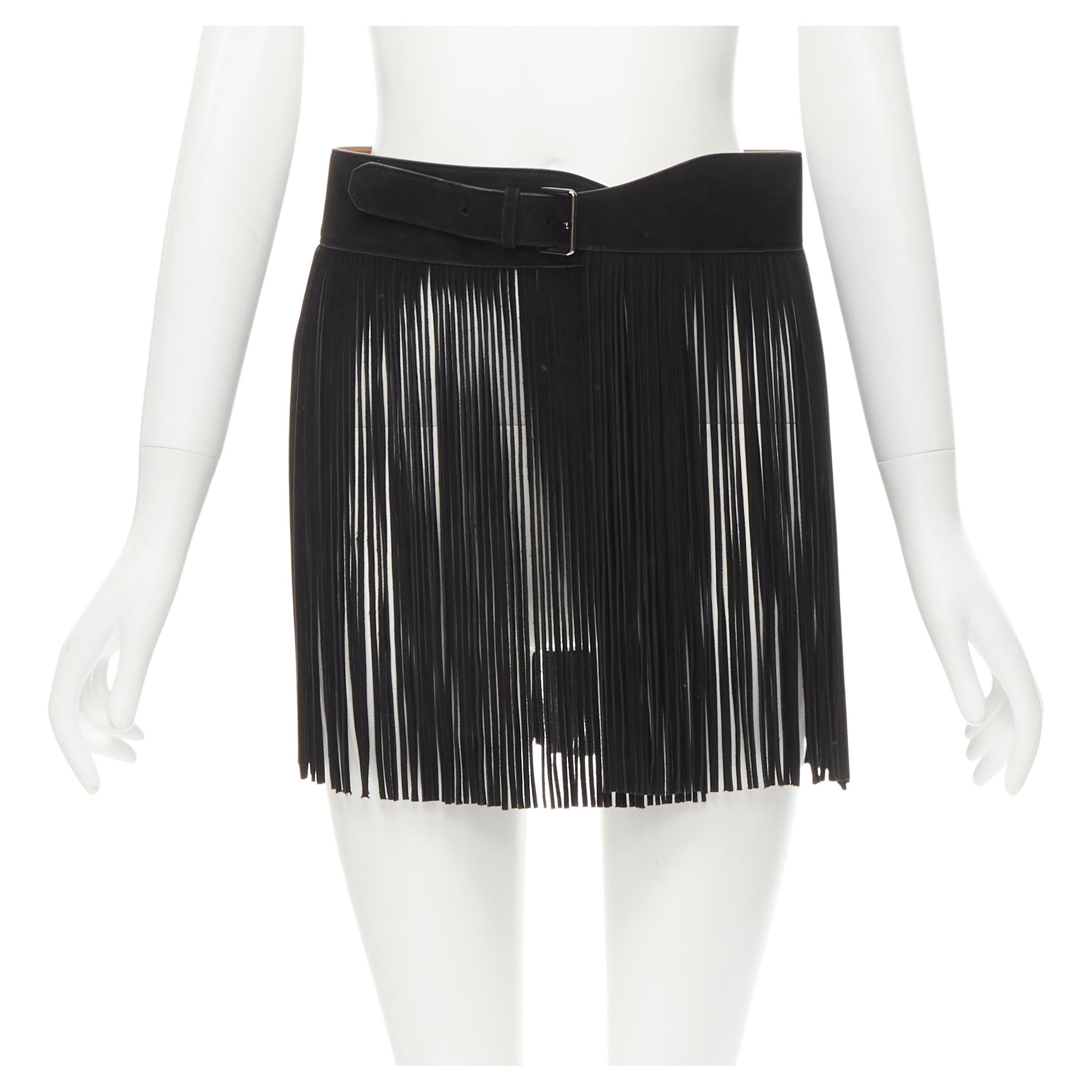 ALAIA Vintage black suede leather fringe skirt statement belt  80cm