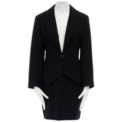ALAIA Vintage black wool peak lapel angular hem fitted blazer pencil skirt set M
