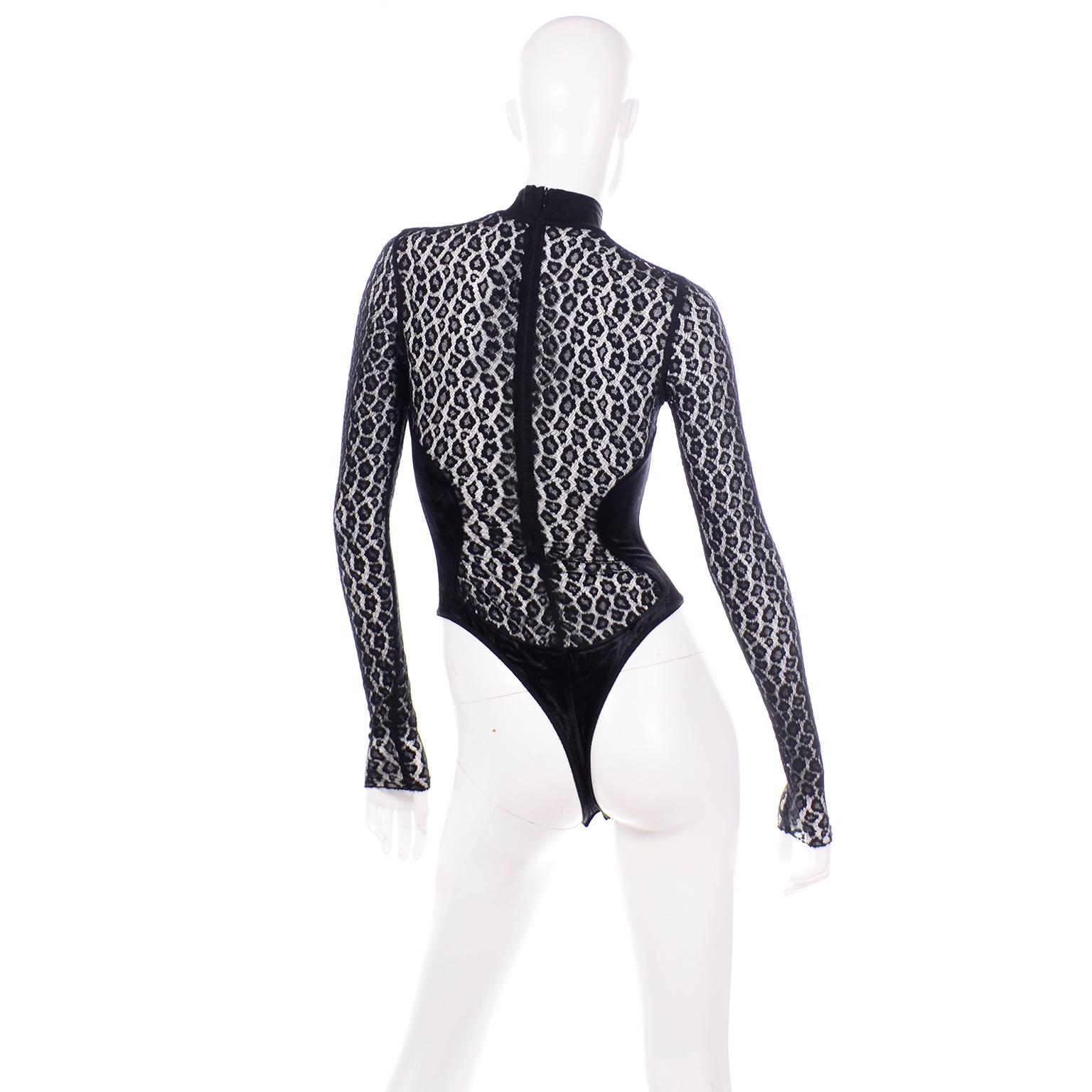 Alaia Vintage FW 1991 Runway Bodysuit in Black Sheer Animal Print Lace & Velvet In Excellent Condition In Portland, OR