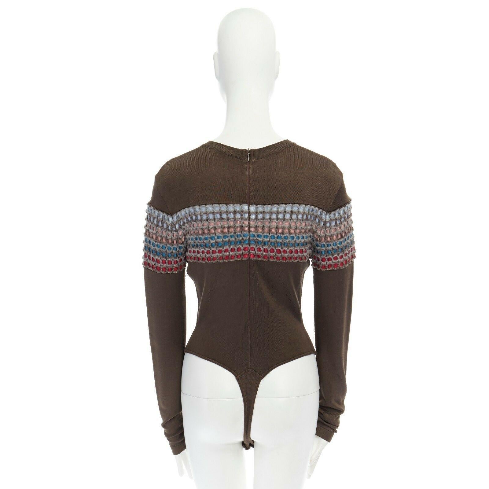 ALAIA Vintage multicolor grid knit band bodycon bodysuit rayon top S US4 UK8 2