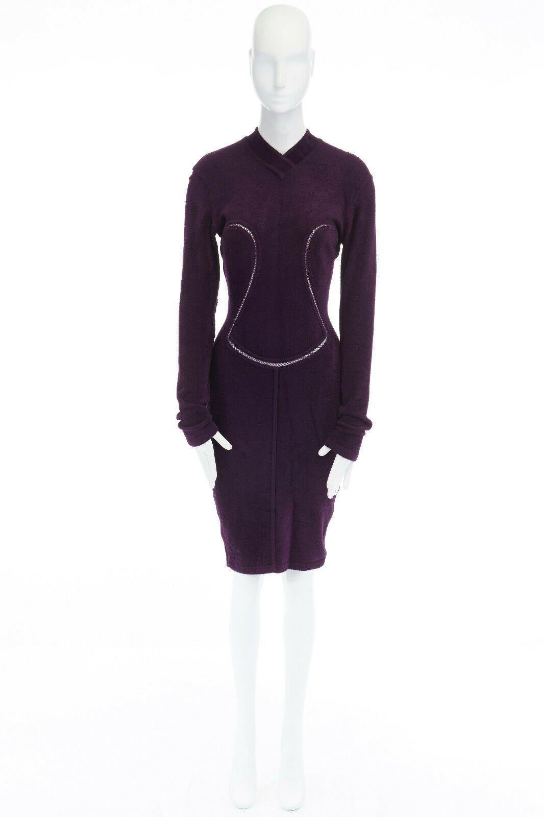 Black ALAIA Vintage purple chenille laddered seams bodycon stretch dress XS US2 UK8
