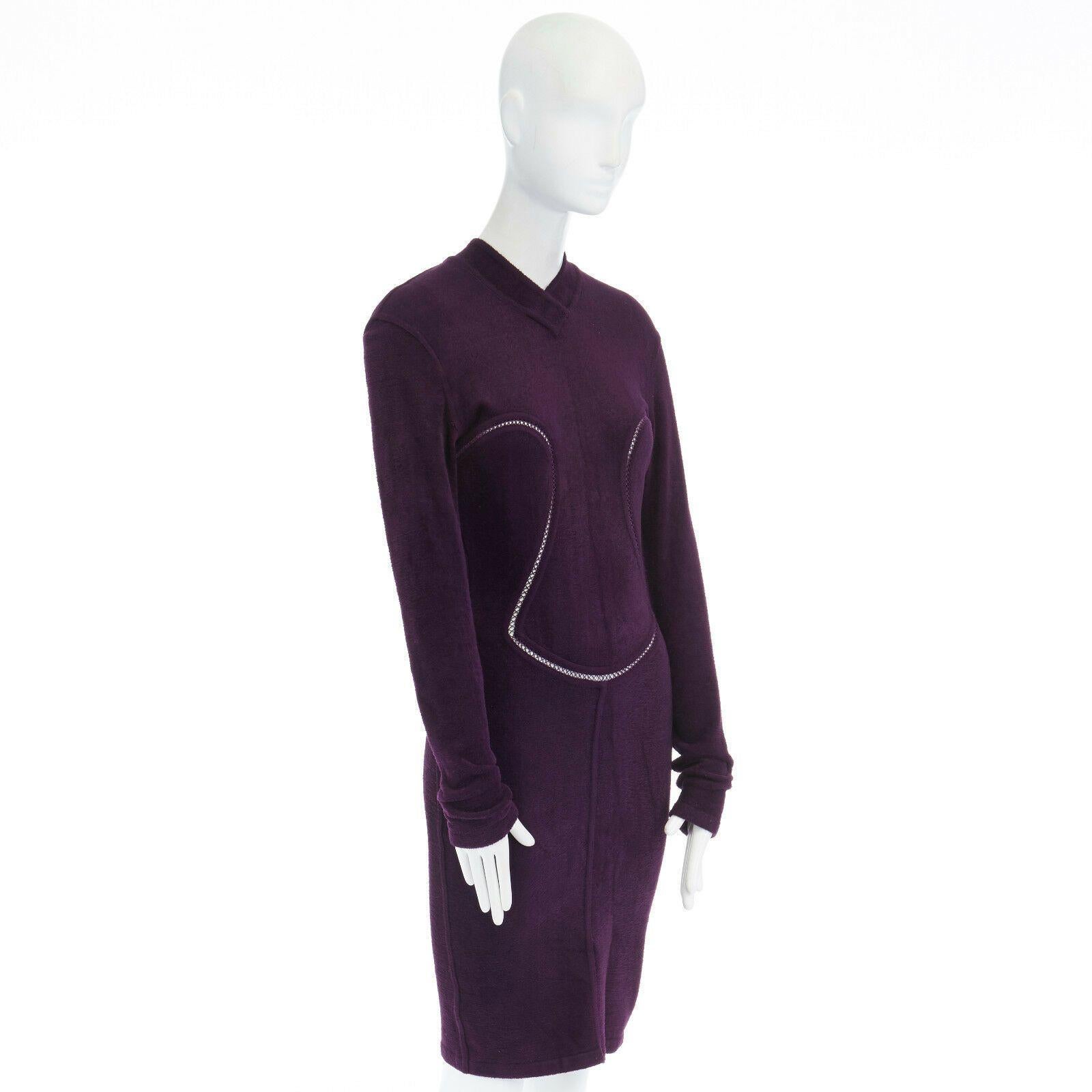 Women's ALAIA Vintage purple chenille laddered seams bodycon stretch dress XS US2 UK8