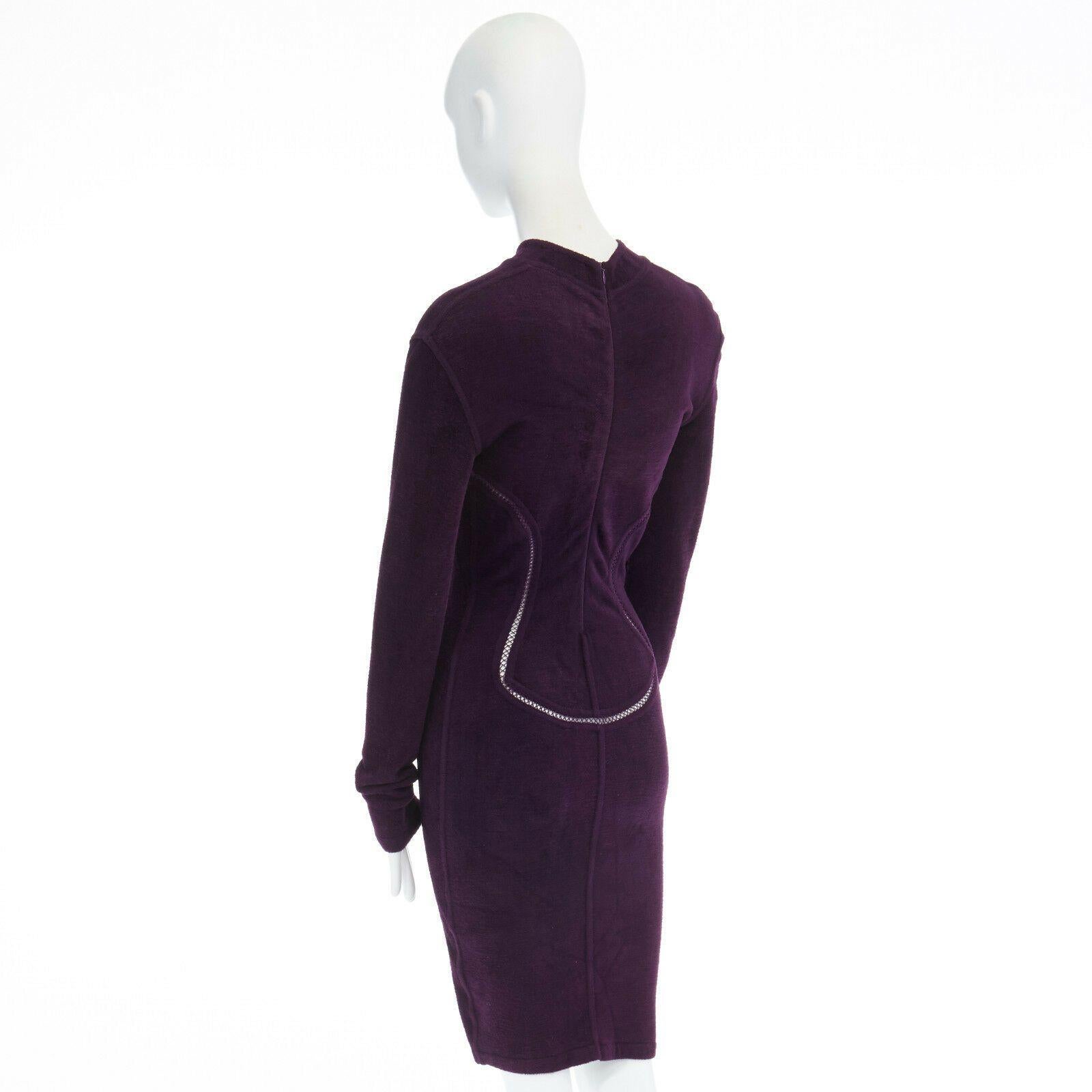 ALAIA Vintage purple chenille laddered seams bodycon stretch dress XS US2 UK8 3