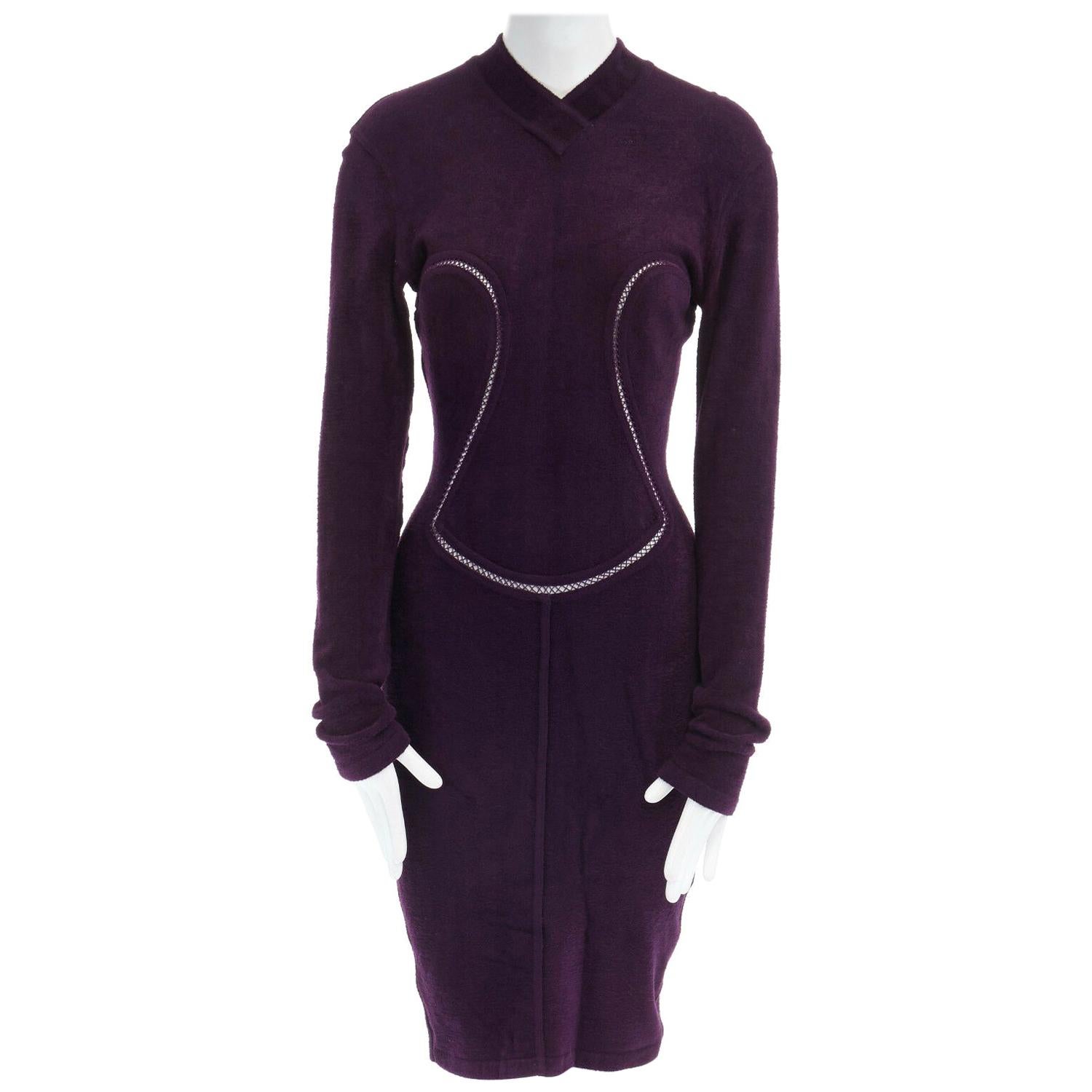 ALAIA Vintage purple chenille laddered seams bodycon stretch dress XS US2 UK8