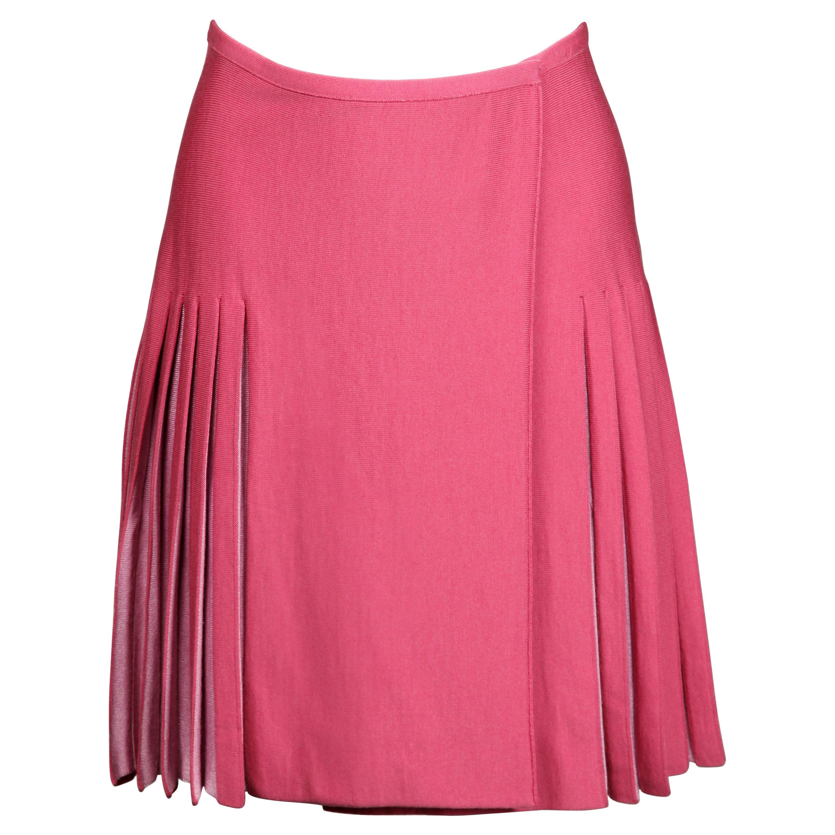 Alaia Vintage Two-Tone Barbie Pink Pleated Knit Sweater Mini Skirt For Sale