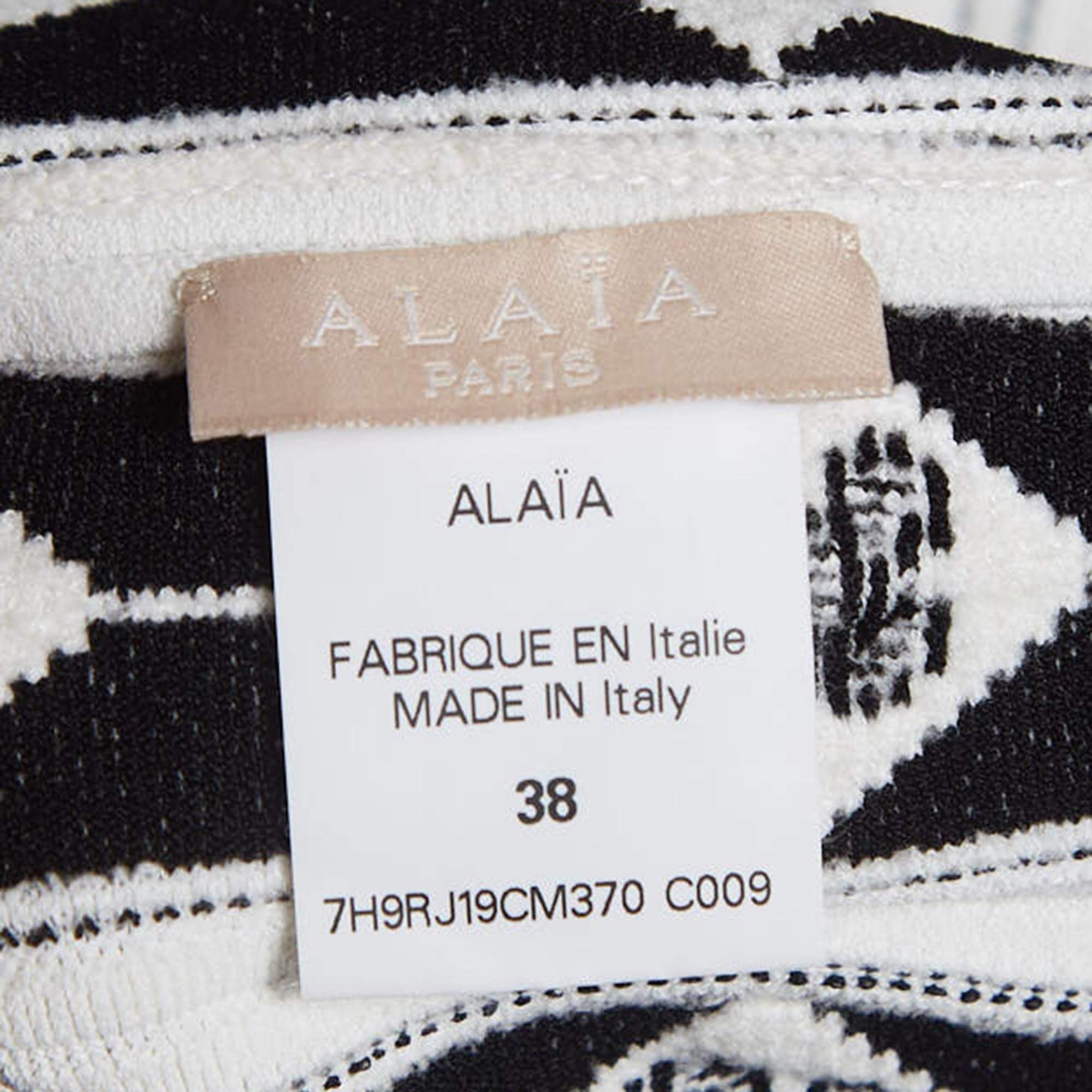 Women's Alaia White/ Black Intarsia Stretch Knit Flared Midi Dress M