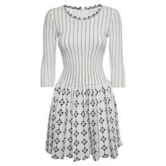 Alaia White/ Black Intarsia Stretch Knit Flared Midi Dress M