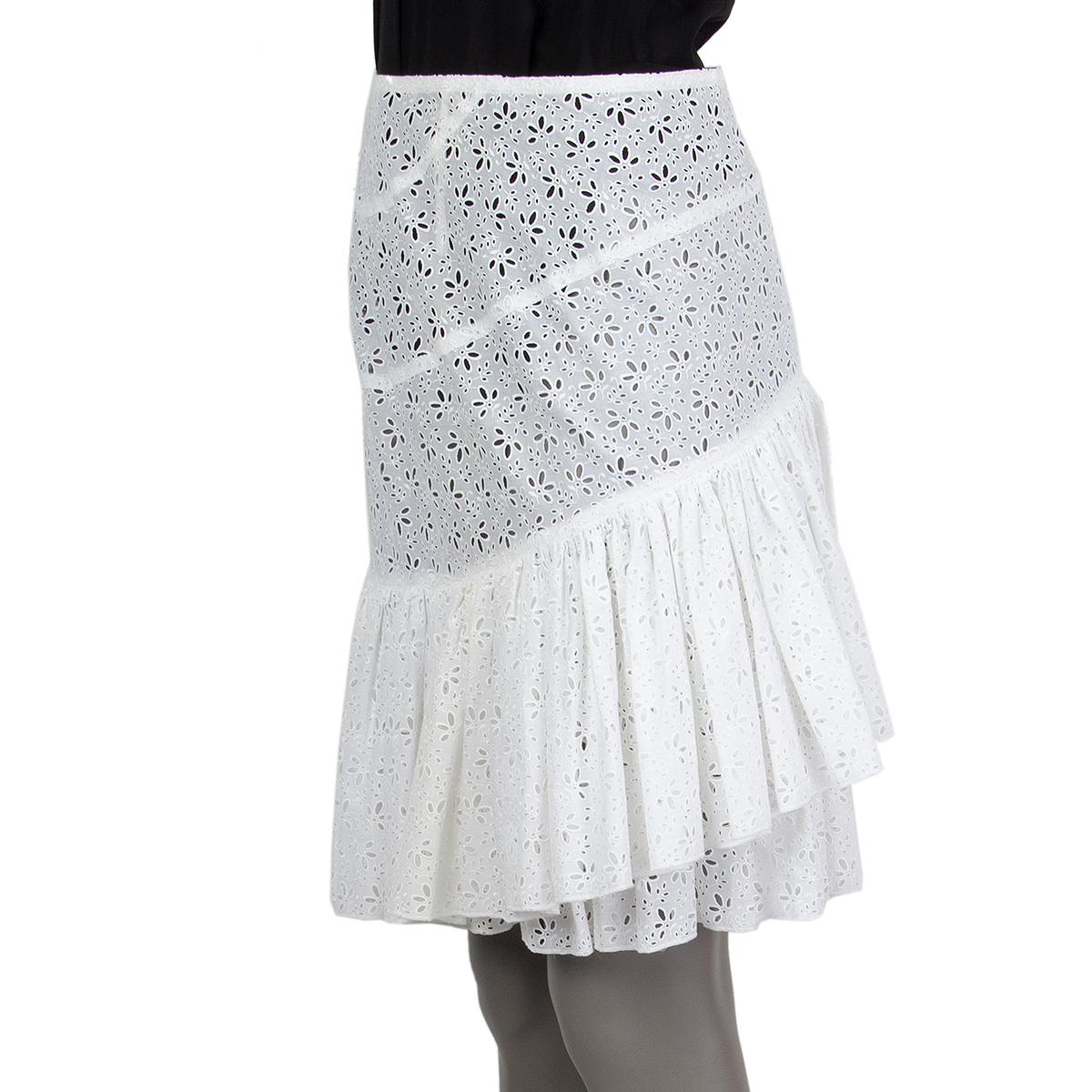 Gray ALAIA white cotton BRODERIE ANGLAISE EMBROIDERED RUCHEDSkirt 40 M