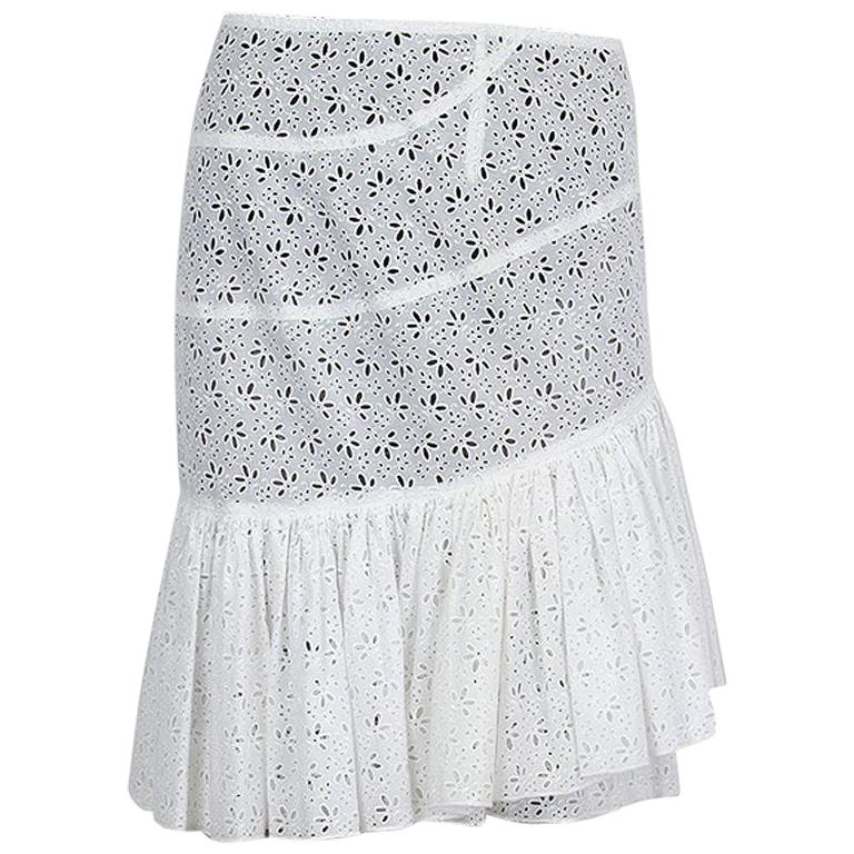 ALAIA white cotton BRODERIE ANGLAISE EMBROIDERED RUCHEDSkirt 40 M