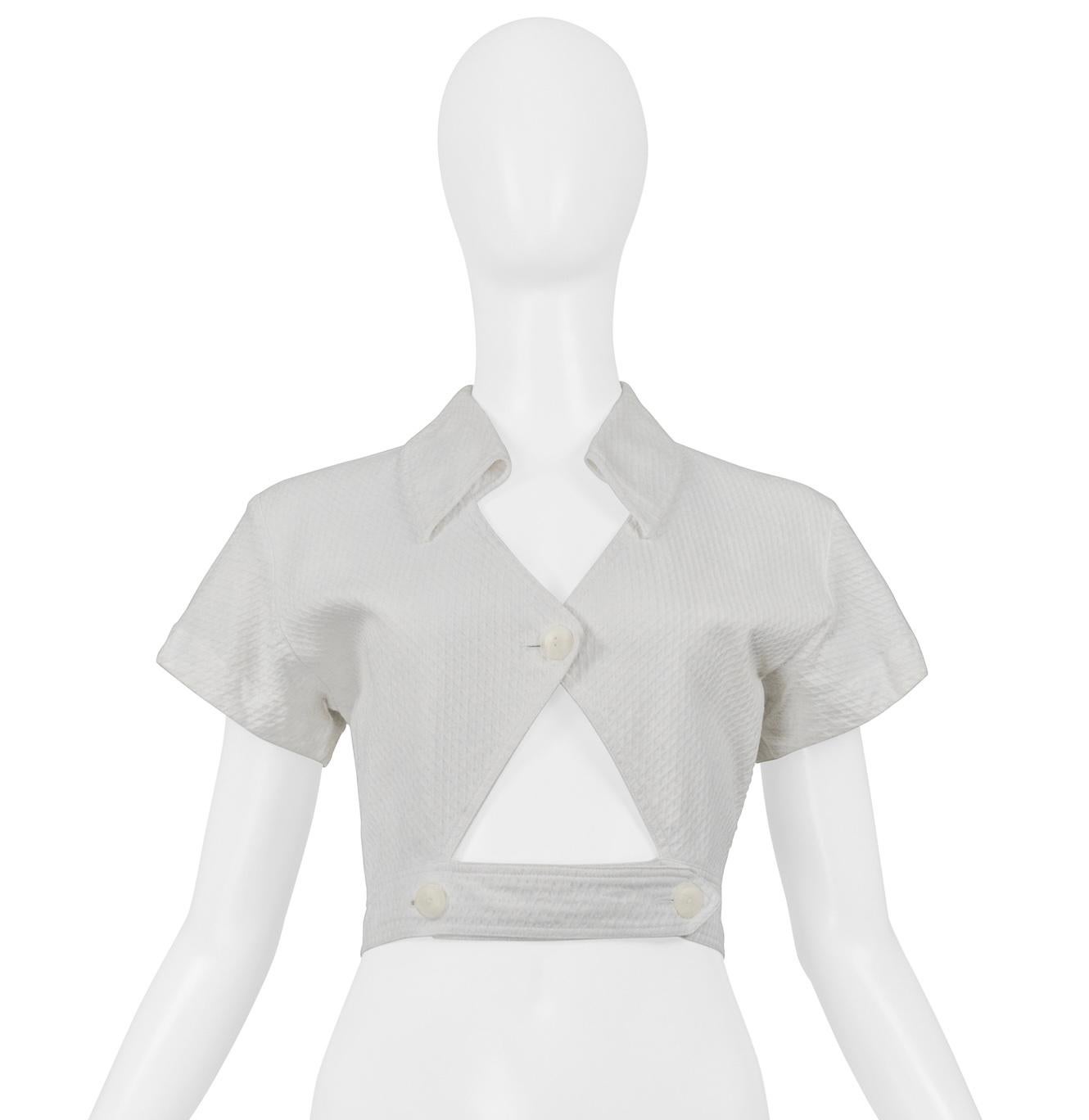 Grigio Alaia Crop Top in cotone bianco con ritaglio 1990 in vendita