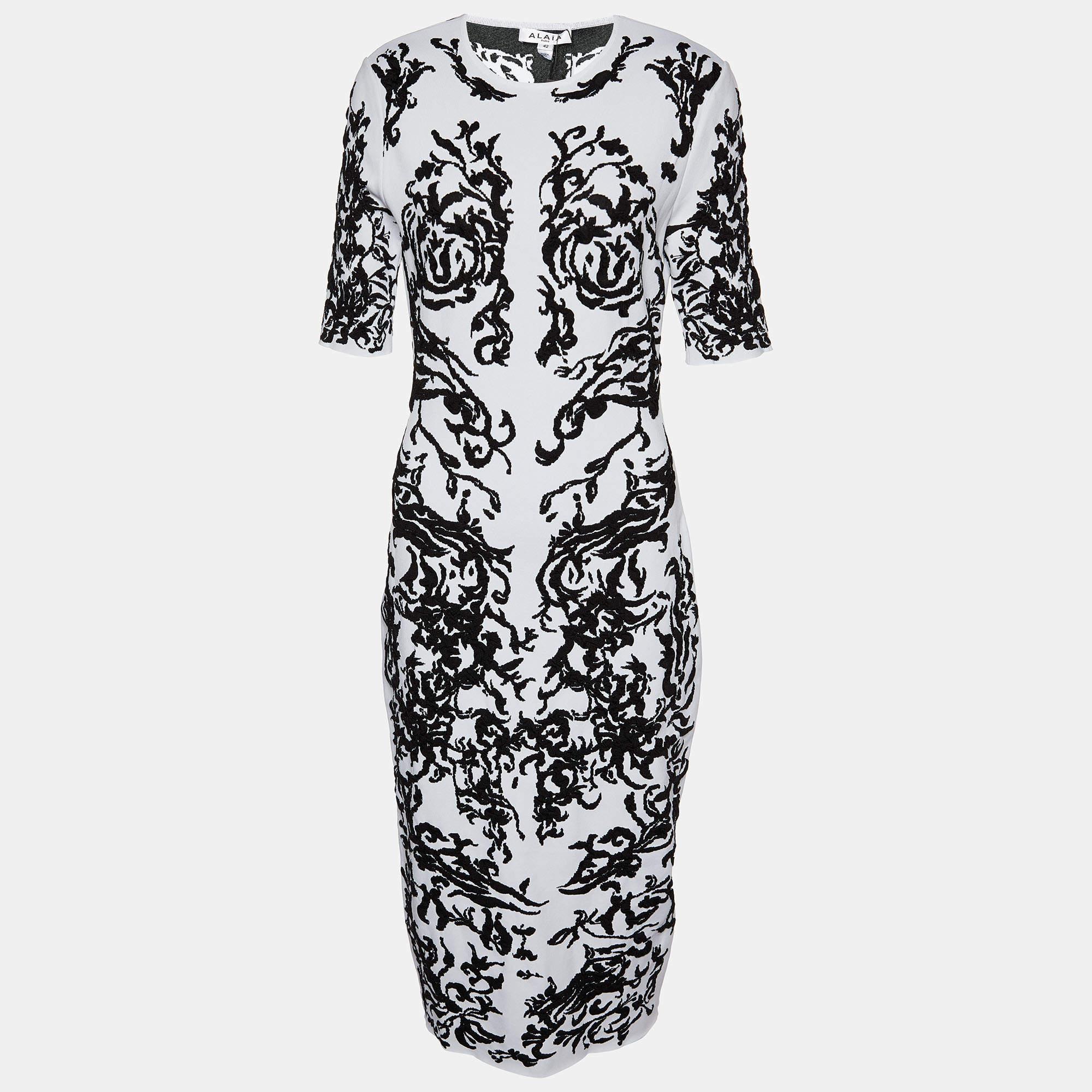 Alaia White Floral Jacquard Knit Midi Dress L For Sale