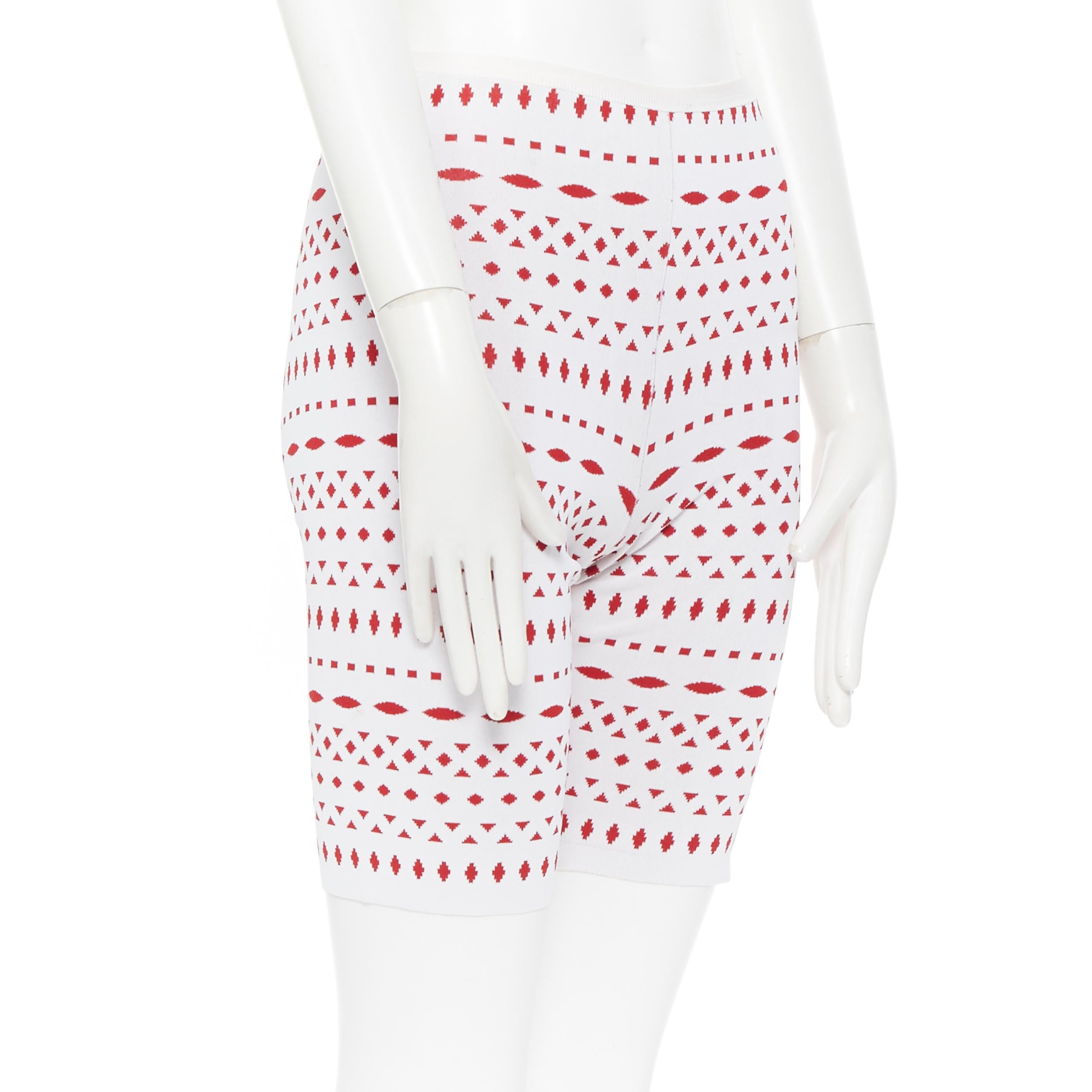 ALAIA white geometric red jacquard viscose blend knit biker shorts pants XS In Excellent Condition In Hong Kong, NT