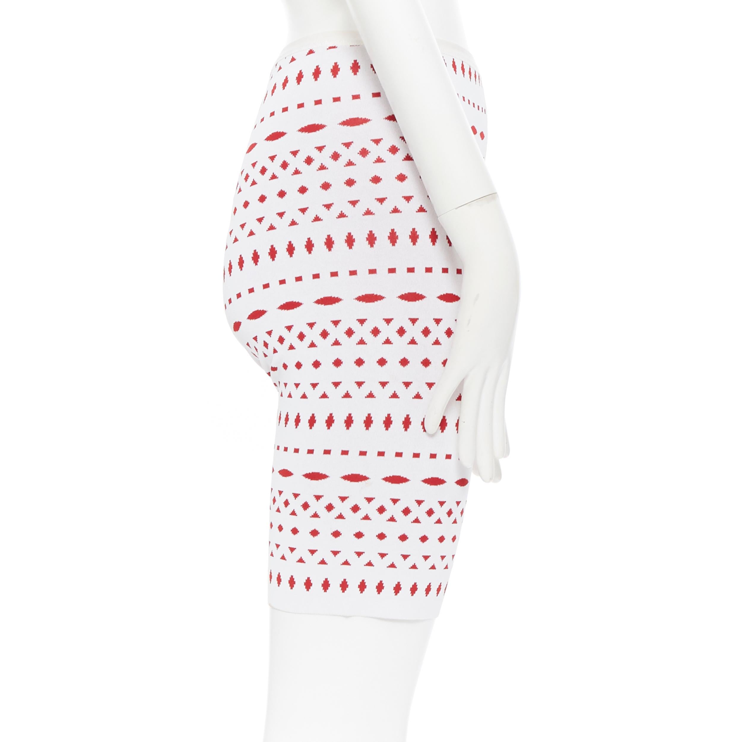 Women's ALAIA white geometric red jacquard viscose blend knit biker shorts pants XS