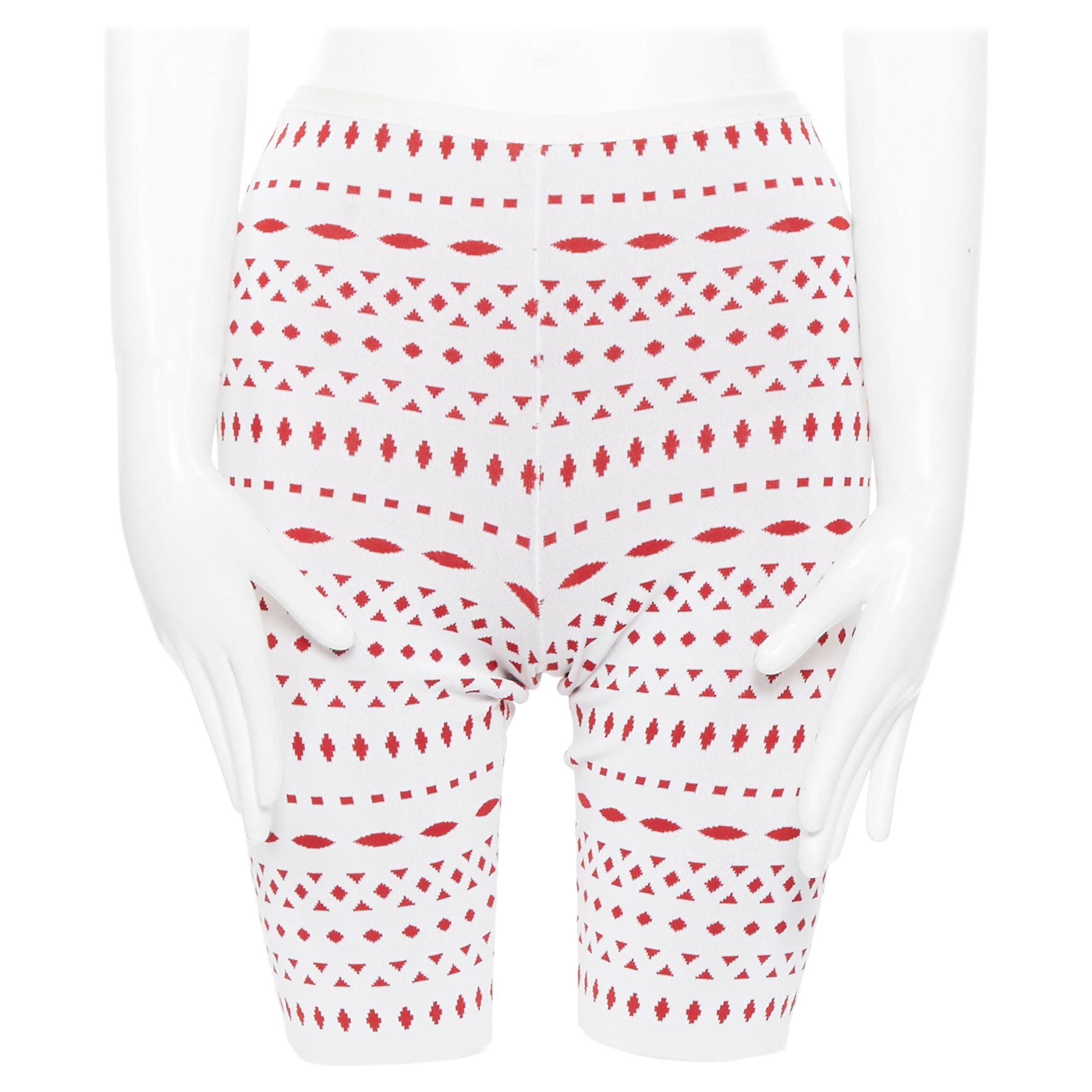 ALAIA white geometric red jacquard viscose blend knit biker shorts pants XS