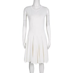 Alaia White Knit Embroidered Chevron Hem Fit and Flare Dress M