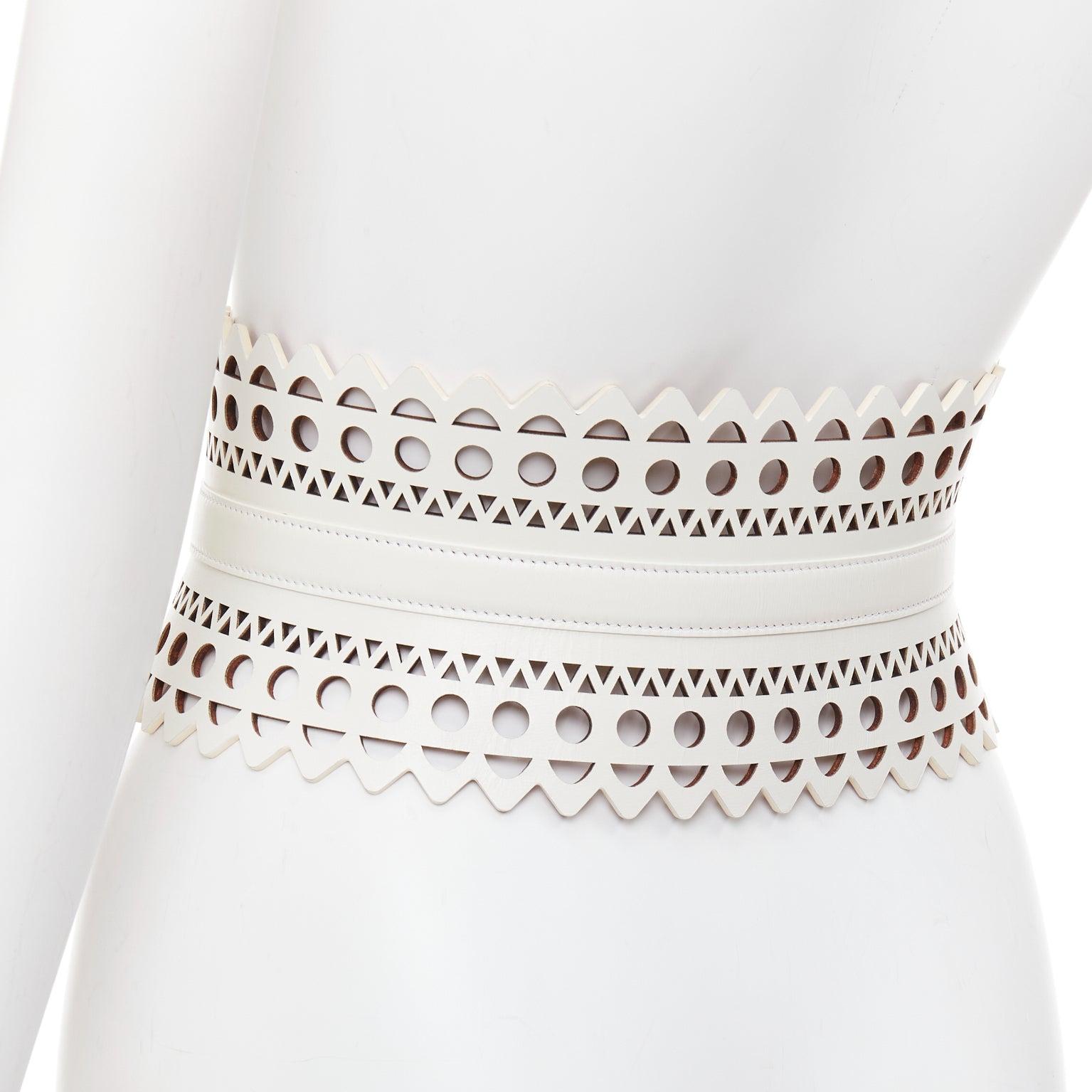 Women's ALAIA white leather geometric cut out scallop edge wide corset belt 65cm For Sale