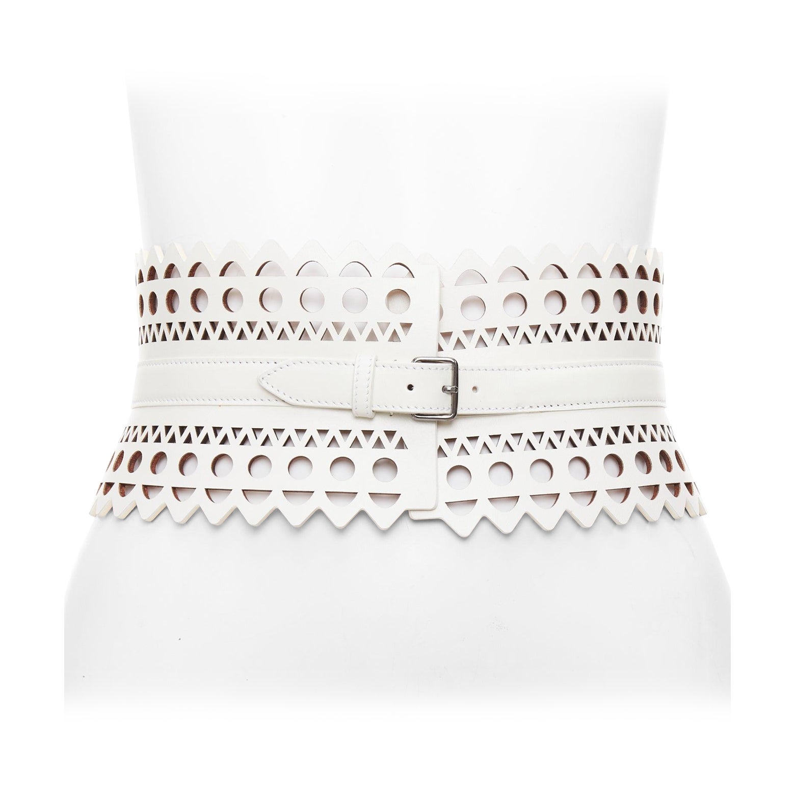 ALAIA cintura a corsetto in pelle bianca con taglio geometrico e bordo a smerlo 65 cm