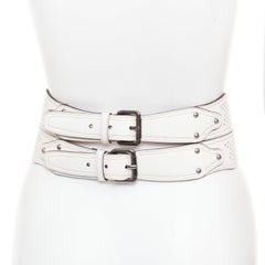 ALAIA white leather punctured perforated cinched waist wide belt 65cm