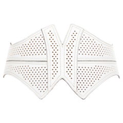 ALAIA white leather punctured perforated cinched waist wide belt 65cm