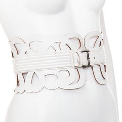 ALAIA white leather romantic swirl laser cut out corset wide belt 65cm